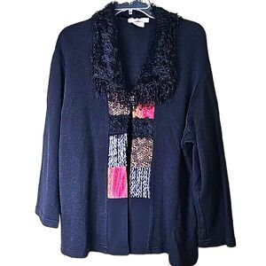 Cardigan Boho Fringe Collar Black with Multicolor Front Patchwork Size Medium